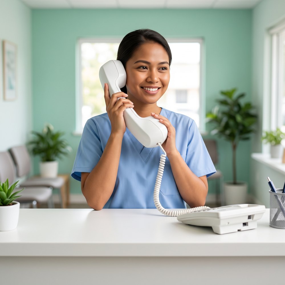 Dental clinic receptionist on a call at the front desk