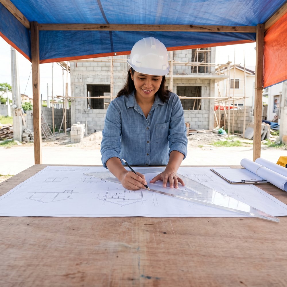 Architect checking plans on a tablet at a house construction site