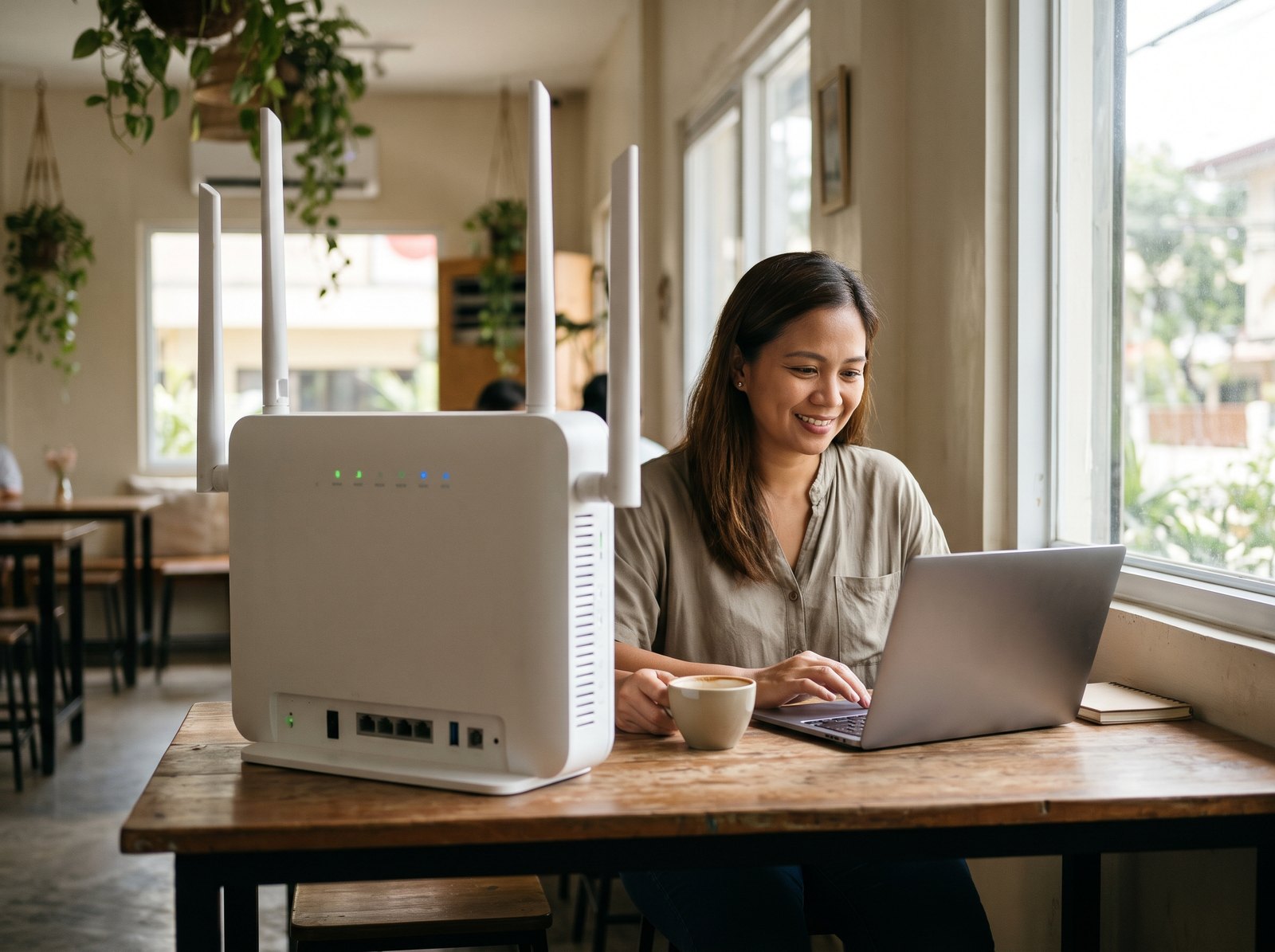 Business owner connecting pages on a laptop at a café