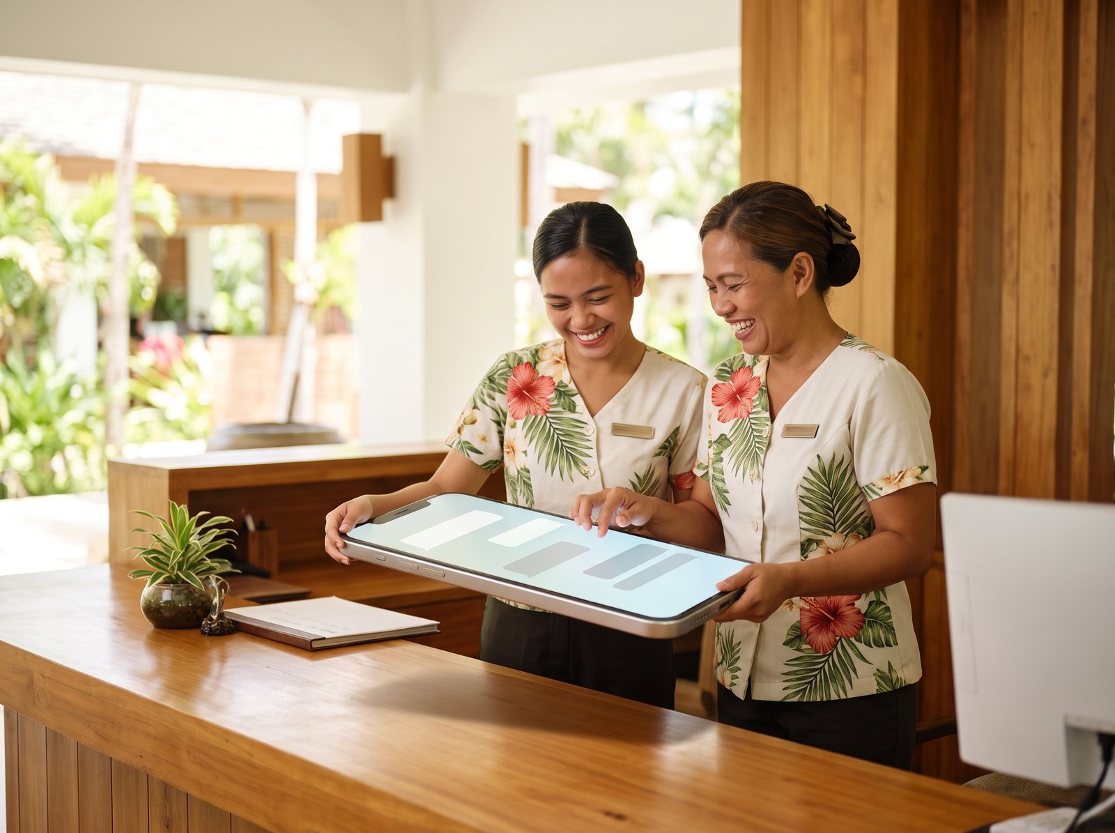 Two staff members testing on a phone